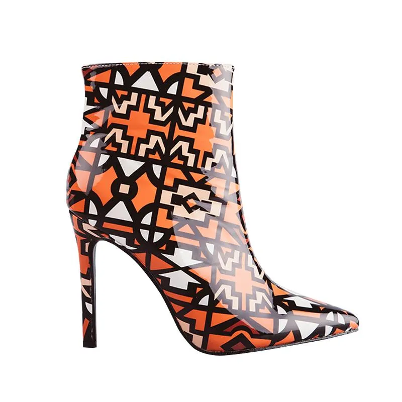 Women's Winter Patent PU Leather High-Heeled Ankle Boots With Geometric Pattern